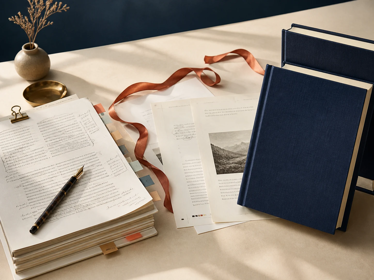 Manuscrito anotado junto a varios libros terminados