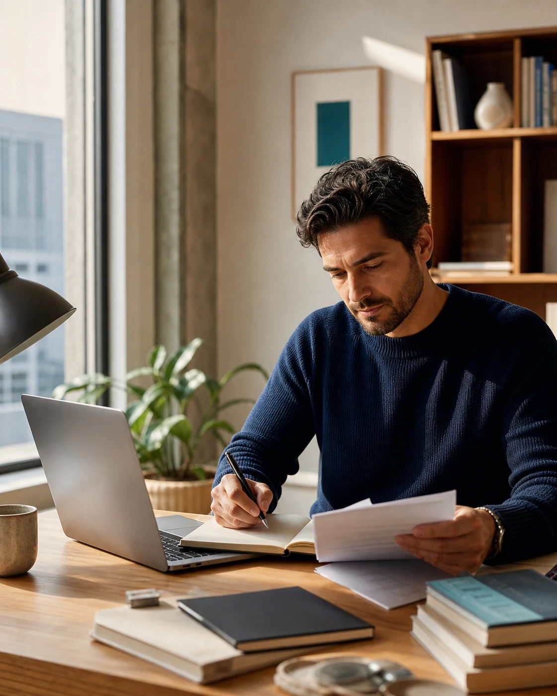 Escritor freelance trabajando con un portátil y revisando un proyecto
