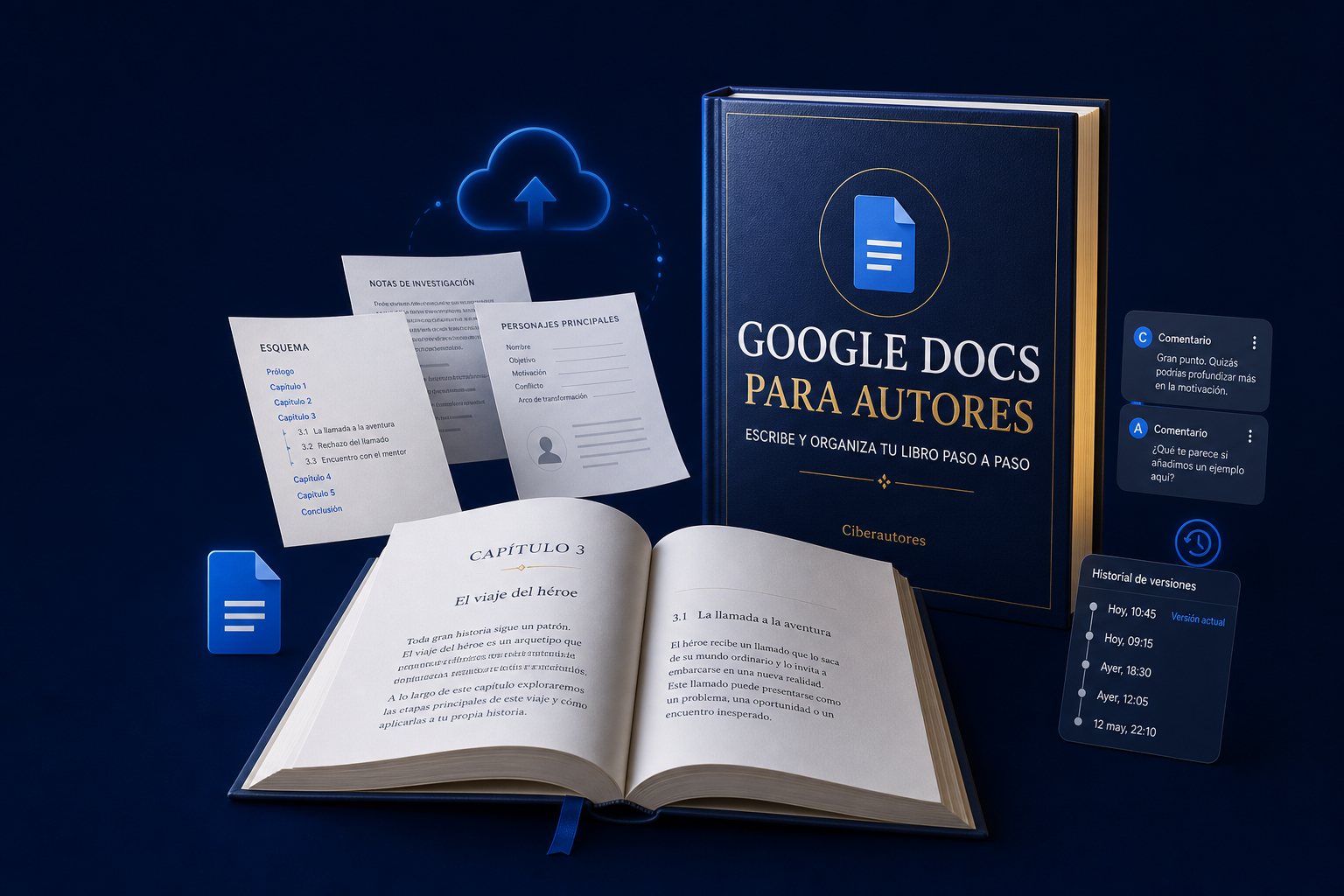Guía Google Docs para autores junto a un libro abierto, esquema y comentarios editoriales