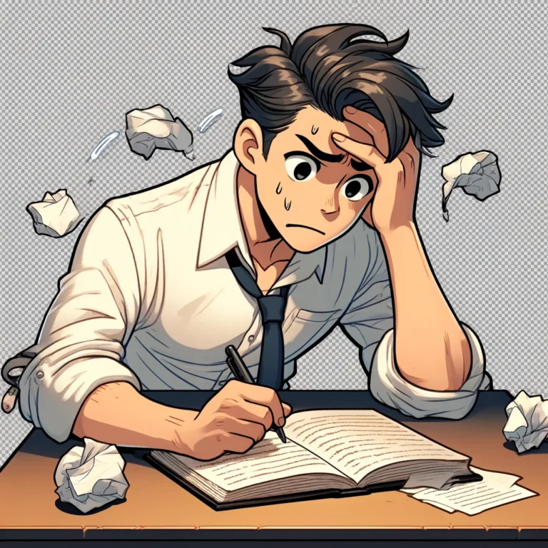 DALL·E 2024 04 13 19.06.42 Create an image of a young male character with a cartoonish style sitting at a desk with a book open in front of him. He has a stressed expression on
