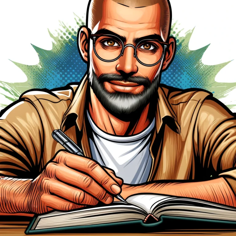 DALL·E 2024 04 18 15.03.48 A 40 year old bald man with brown eyes glasses some beard and mustache writing a book with his right hand styled in a vibrant modern comic style