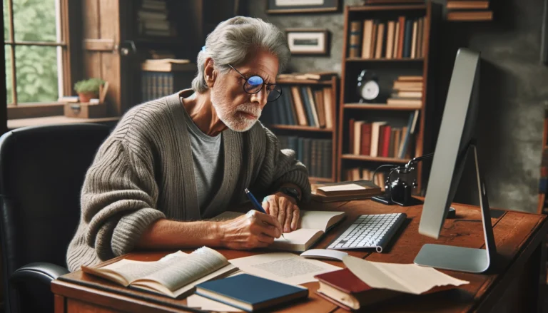 DALL·E 2024 04 18 17.52.35 An elderly man writing a book in his office seated at a desk with a computer. The man has gray hair and a thoughtful expression wearing glasses and