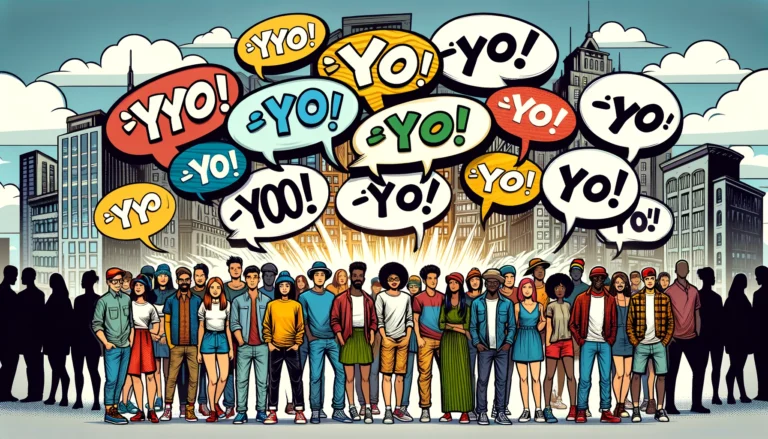 DALL·E 2024 04 29 20.12.33 A wide illustration depicting a group of diverse people each holding comic style speech bubbles saying ¡yo in various fonts. The scene includes a v