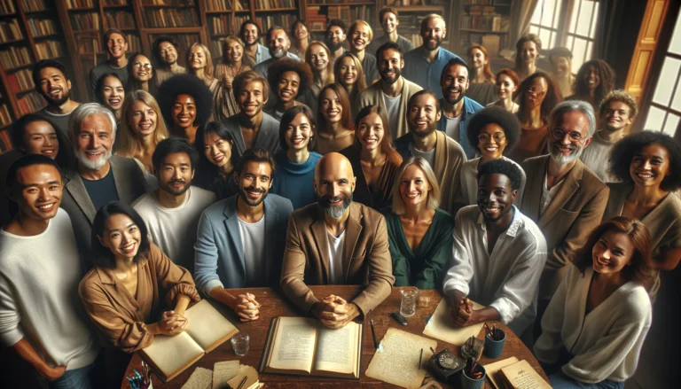 DALL·E 2024 04 30 15.02.32 A wide image of a diverse group of male and female writers gathered around a central figure who is a bald man without any facial hair all smiling. Th