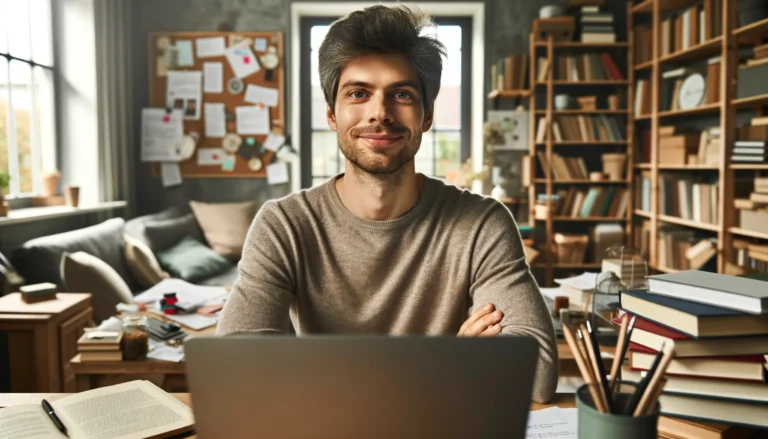 DALL·E 2024 05 20 16.13.39 A wide image featuring a writer in the foreground with a satisfied expression. The writer is sitting at a desk with a laptop open surrounded by paper