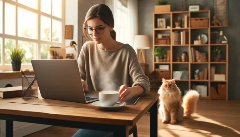 DALL·E 2024 06 05 16.20.13 A cozy home office setup with a laptop on a wooden desk a steaming cup of coffee and a cat lounging nearby. A female writer is sitting at the desk