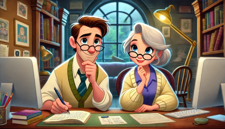 DALL·E 2024 07 04 13.42.12 A Disney style illustration of a man and a woman in their 50s sitting at a desk with a computer and a notebook. They both have thoughtful expressions
