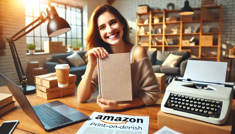 DALL·E 2024 07 09 11.33.20 A close up of a happy writer holding a freshly printed book with a big smile. The background includes a cozy modern workspace with a laptop bookshel