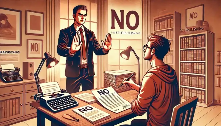 DALL·E 2024 07 10 14.57.06 A wide visually appealing image for an article about self publishing. The image should feature a writer emphatically saying NO to a representative