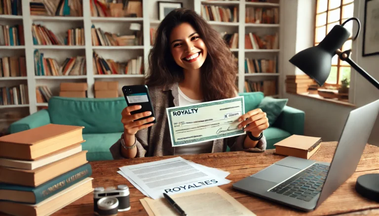 DALL·E 2024 07 24 14.36.29 A wide image of a Latina writer happily receiving her royalties. She is sitting at her desk which is filled with books a laptop and writing materia