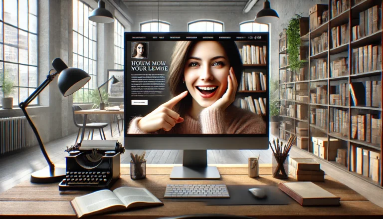 DALL·E 2024 07 24 21.59.37 A hyperrealistic wide image of a female writer with her face in the foreground showcasing her new website. The writer is in a modern well organized