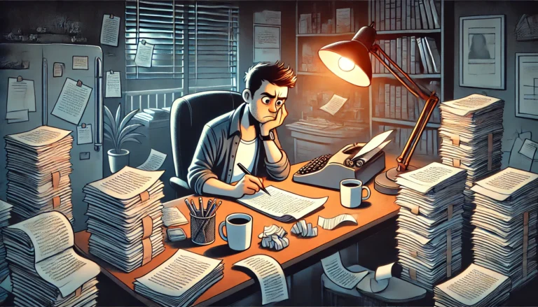 DALL·E 2024 08 02 14.00.53 A wide illustration of a perfectionist person working at their desk late at night. The person is meticulously editing a manuscript surrounded by stac