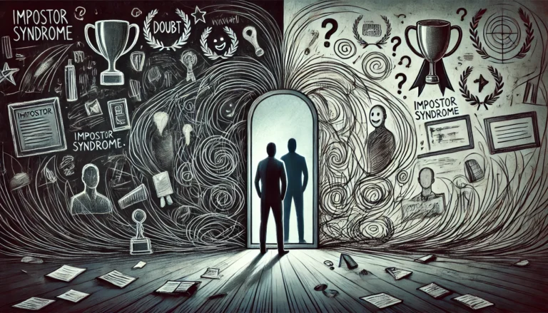 DALL·E 2024 08 07 15.01.53 A wide illustration of Impostor Syndrome. The image depicts a person standing in front of a mirror with their reflection showing a different person r