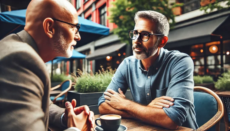 DALL·E 2024 08 16 17.17.44 A wide image of two friends having a conversation in a casual setting. One friend is bald wearing glasses and appears to be in his late 50s with vi