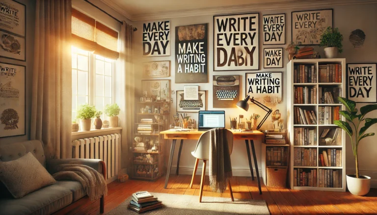 DALL·E 2024 08 16 19.28.36 A wide image that captures the essence of developing a writing habit. The image shows a cozy well organized writing space with a desk a laptop a no