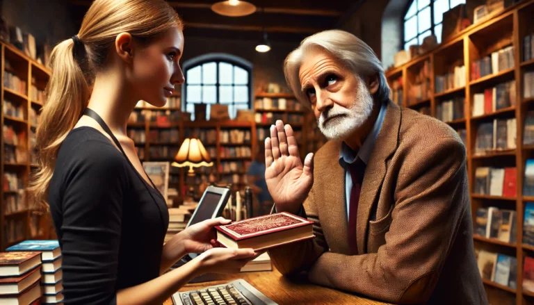 DALL·E 2024 08 21 16.42.32 A detailed and wide image in a cozy bookstore. A female employee is handing a book to an older male customer who has a miserly stubborn expression. T