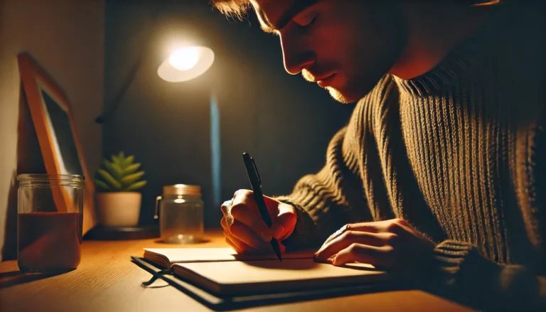 DALL·E 2024 08 23 14.29.44 A wide image showing a person intently writing down ideas at night. The scene is dimly lit with a warm focused light illuminating the notepad where
