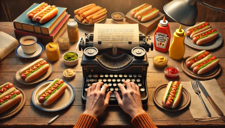DALL·E 2024 08 28 16.59.11 A creative and detailed scene blending the act of writing with producing hotdogs. The person is sitting at a vintage typewriter but instead of paper