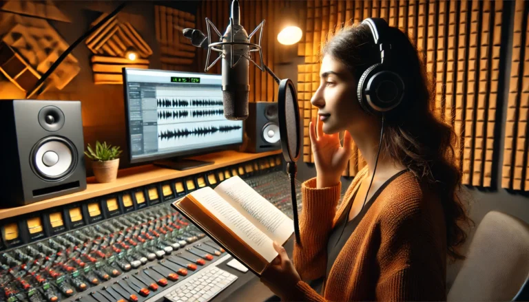 DALL·E 2024 09 19 11.38.28 A wide image featuring a woman in the foreground wearing headphones and speaking into a professional microphone. Shes recording an audiobook in a mo