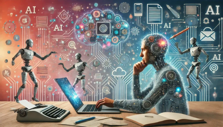 DALL·E 2024 09 27 13.56.36 A wide image showing a human writer working on a laptop surrounded by floating digital elements representing artificial intelligence AI tools like