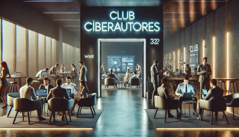 DALL·E 2024 10 19 17.25.41 A wide image depicting a modern exclusive club named Club Ciberautores with people actively working and engaging in discussions. The setting is a