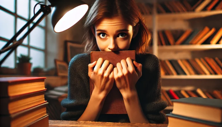DALL·E 2024 10 29 15.20.25 Wide image of a timid writer holding a book close to their chest looking hesitant and with a shy expression. The writer is in a cozy room with a vint