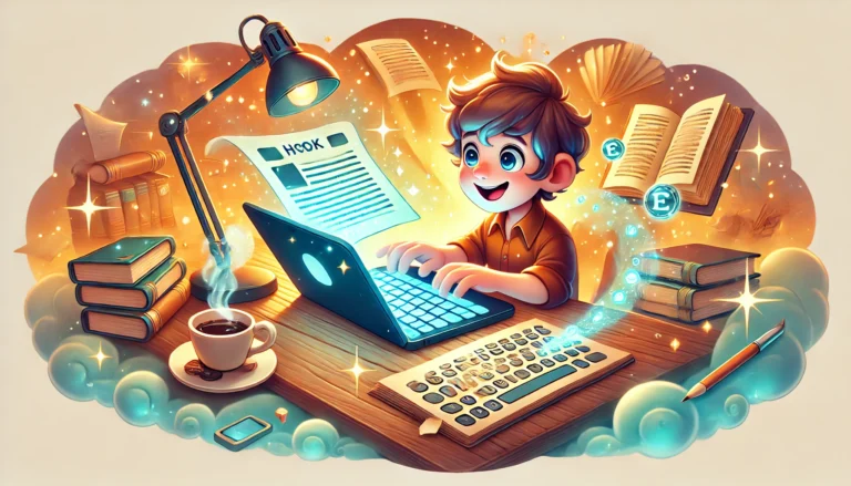 DALL·E 2024 11 14 16.35.13 A whimsical Disney inspired cartoon style wide illustration of a cheerful writer at a magical cozy desk. The writer has an expressive animated face