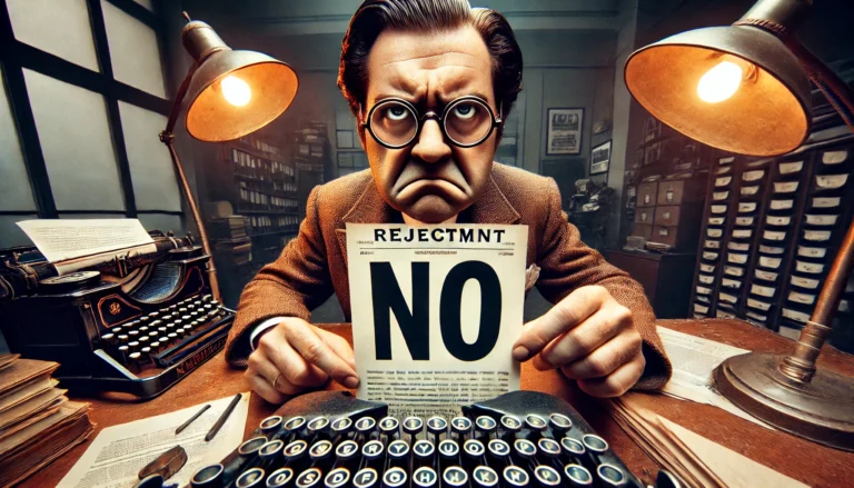 DALL·E 2024 11 20 14.30.37 A wide image featuring a classic old fashioned editor with a stern and angry expression. He is wearing round glasses a vintage suit and is seated a
