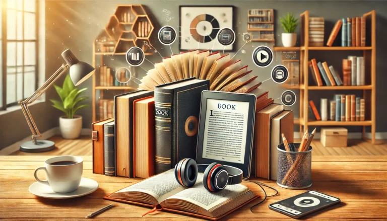 DALL·E 2024 12 22 02.02.18 A visually engaging illustration showing multiple book formats  a hardcover book an e reader and a pair of headphones symbolizing an audiobook all