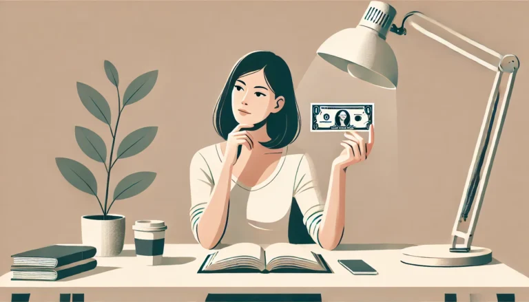 DALL·E 2024 12 23 10.43.42 A minimalist illustration of a thoughtful female writer sitting at a clean white desk. She holds a book in one hand gazing at it while in the other