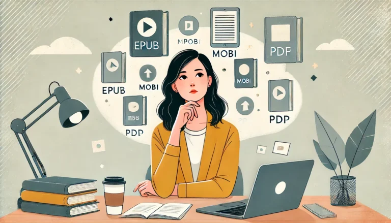 DALL·E 2024 12 23 23.59.01 A wide illustration of a thoughtful female writer sitting at a desk surrounded by icons representing different ebook formats EPUB MOBI PDF floati