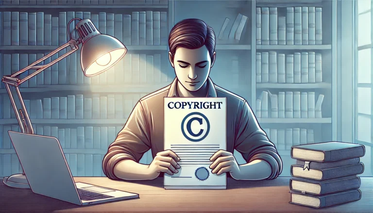 DALL·E 2024 12 29 20.44.49 A wide illustration featuring a close up of a writer or author sitting at a desk carefully protecting their rights. The individual is holding a docum