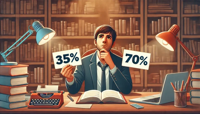 DALL·E 2024 12 30 01.18.11 A wide illustration featuring a thoughtful writer sitting at a desk holding two cards in each hand displaying 35 and 70. The desk is cluttered