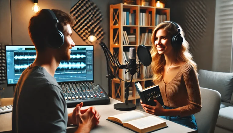 DALL·E 2025 01 01 23.00.21 A wide image featuring a podcaster interviewing a writer in a modern and cozy podcast studio. The podcaster wearing headphones and speaking into a pr