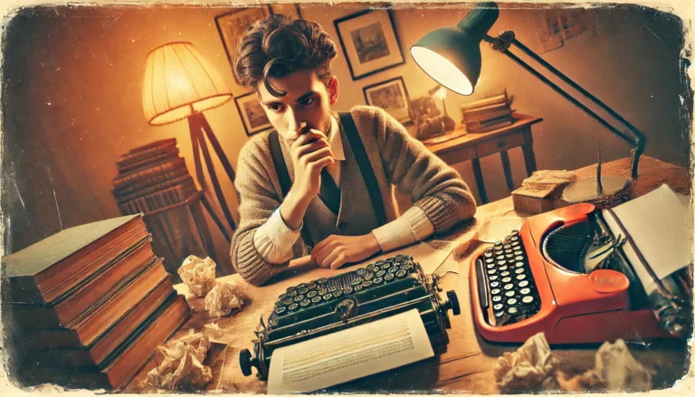 DALL·E 2025 01 07 23.51.43 A wide retro style image featuring a thoughtful person in close up with a creative and vintage vibe. The person sits at a desk with a classic typewri