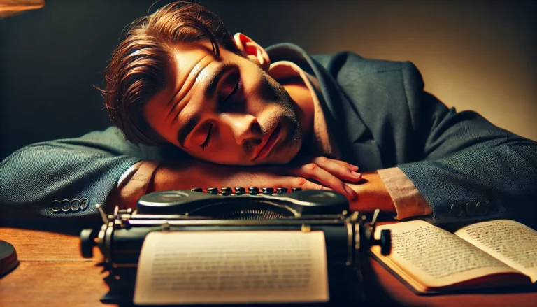 DALL·E 2025 02 19 16.51.13 A wide image of a man or woman with raised eyebrows and an intrigued expression but now asleep. They are resting on a desk with an open notebook or t