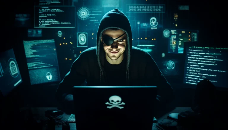 DALL·E 2025 03 05 20.48.38 A sinister looking person sitting at a computer wearing a dark hoodie and an eye patch. Their face has a mischievous grin and the screen glows omino