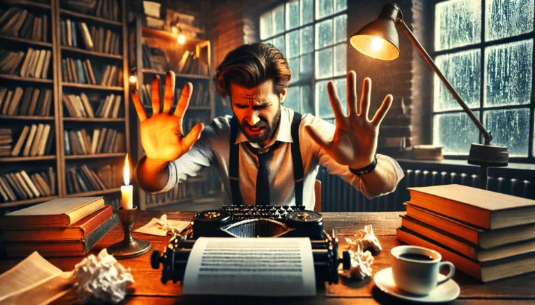 DALL·E 2025 03 08 19.23.32 A wide image of a writer sitting at a wooden desk shaking his head and saying no with his hands raised. He looks frustrated rejecting an idea or a