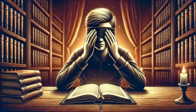 DALL·E 2025 03 10 16.01.23 A wide digital illustration of a reader sitting with a book open in front of them but their eyes are covered by a blindfold or hands. The scene has a